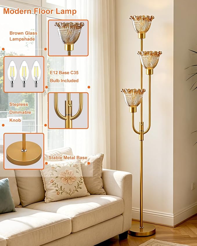 Lightdot 3-Lights Glass Floor Lamp 66IN Modern Gold Dimmable Floor Lamps with 3000K Warm White Bulbs for Wedding Party Tall Standing Lamp with Amber Glass Shade for Living Room/Bedroom/Home Decor