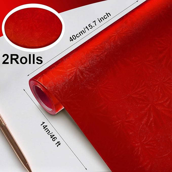 Jecery Embossed Floral Foil Paper Metallic Wrapping Paper Colored Foil Sheets for Crafts Scrapbook Florist Cake Board Cake Drums Gift Wrapping, 15.7 Inch 46 Ft (Red)