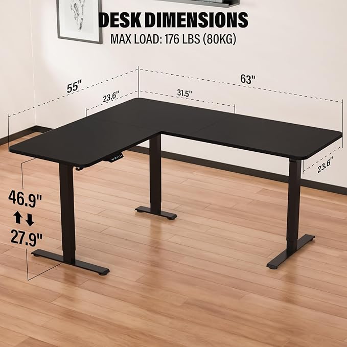 63 x 55 inch L Shaped Standing Desk, Corner Computer Desk, Electric Adjustable Height Stand Up Table, L Sit Stand Desk for Home Office Gaming, Classic Black