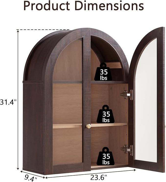 Bathroom Arched Wall Cabinet Over The Toilet Storage Cabinet, 23.5×31.4 Inch bathroom cabinet wall mount with Glass Doors & Adjustable Shelves, Wood Cabinet for Laundry Room, Bedroom Kitchen, Brown