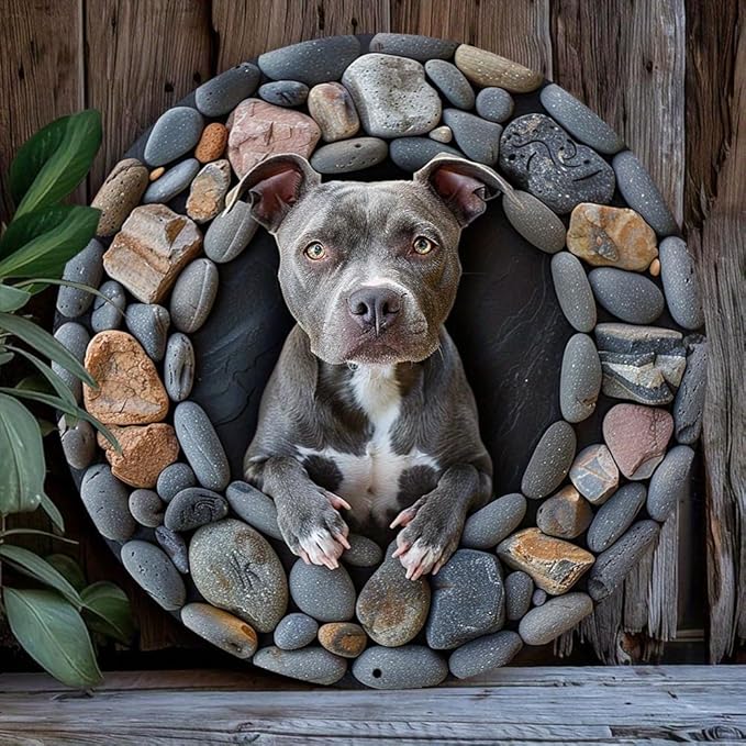 Pitbull Terrier 7.98X7.98 Metal Wreath Sign - Spring Decor For Living Room Dog Decor For Home