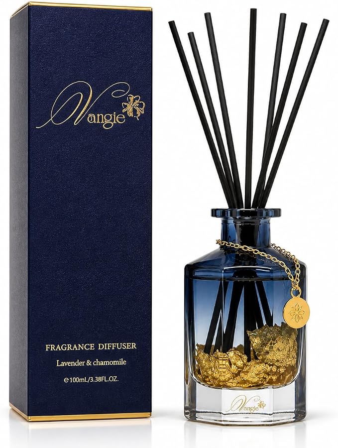 VANGIE Luxury Reed Diffuser for Home | Lavender & Chamomile Calming Scent | Floating Gold Leaf Glass Bottle | Long-Lasting Aroma | Vegan | Bedroom, Bathroom & Relaxing Spaces