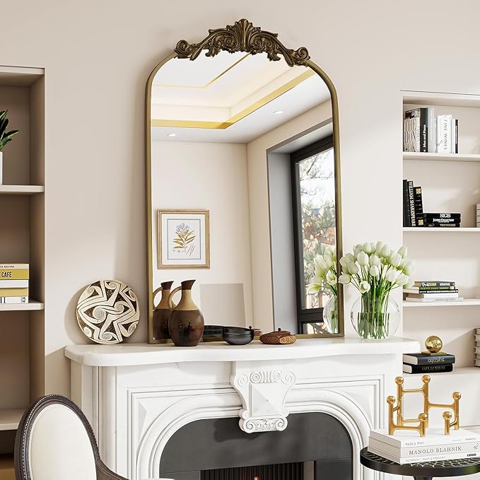 Dewfig Antique Arched Wall Mirror, 22"x30" Vintage Bronze Bathroom Mirror - Baroque Metal Frame Brass Mirror for Living Room, Bathroom, Fireplace, Entryway, Bronze