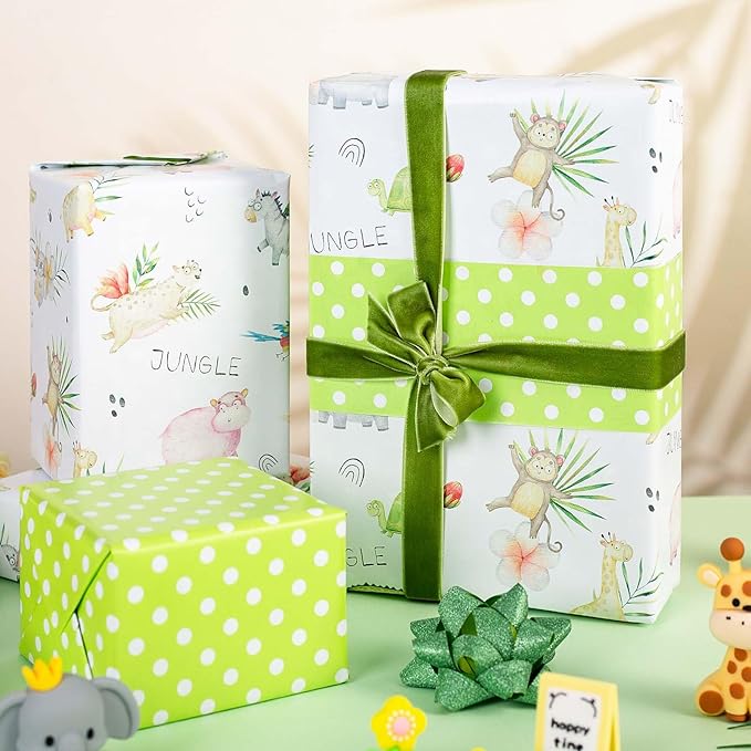 Burymento Animal Wrapping Paper, Reversible Dot Design Gift Wrap for Baby Shower, Birthday, Valentines, Mothers day, Graduation, Wedding, Fathers day, Christmas (17 Inch X 32.8 Feet)