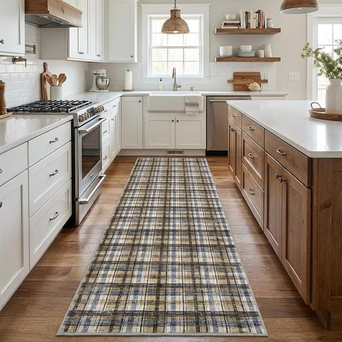 Washable Rugs 2x8 Runner Rug Modern Plaid Bathroom Rugs Non Slip Kitchen Runner Low Pile Entryway Rug Soft Runners Stain Resistant Carpet for Laundry Hallway Bedside 2'x8' Blue&Camel