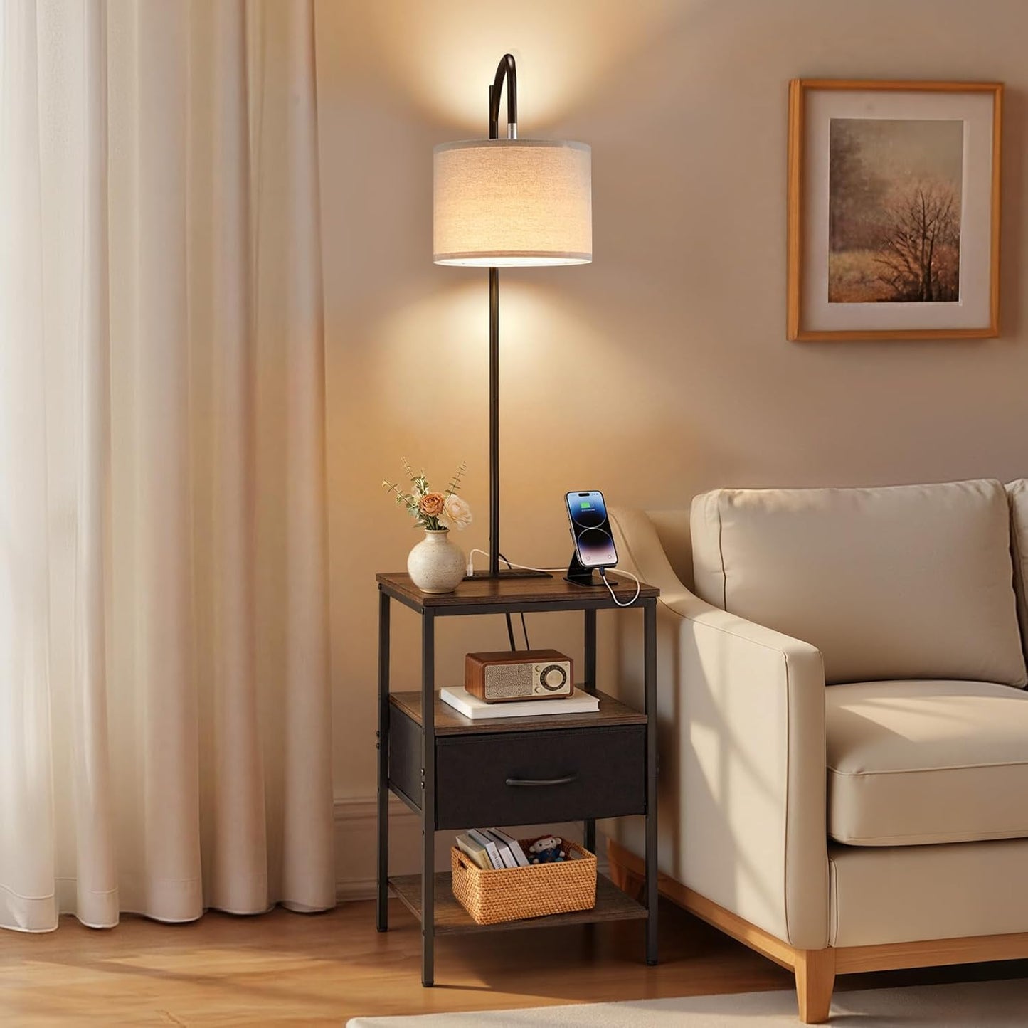 VEVOR Floor Lamp with Table - 3-Tier End Table & 3 Color Temperature Lighting | Modern Bedside Desk with USB & AC Charging Ports