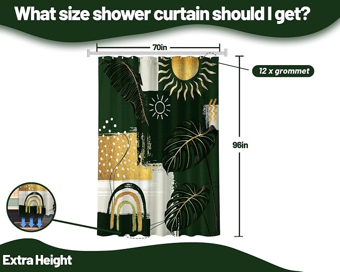 Extra Long Shower Curtain 96 Inchs Extra Tall Green and Gold XL Abstract Leaf Shower Curtains for Large Bathroom Decor Sets, Waterproof Cloth Fabric with Hooks, 70 x 96 Inch