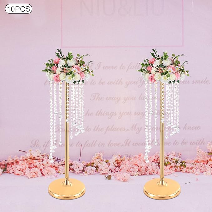 Bud Vases | Vase| 10PCS Gold Crystal Flower Vases | 27.5" Height | Elegant Wedding Centerpieces | Sparkling Crystal Accents | for Wedding Aisle Decor, Wedding Reception, Event Centerpieces