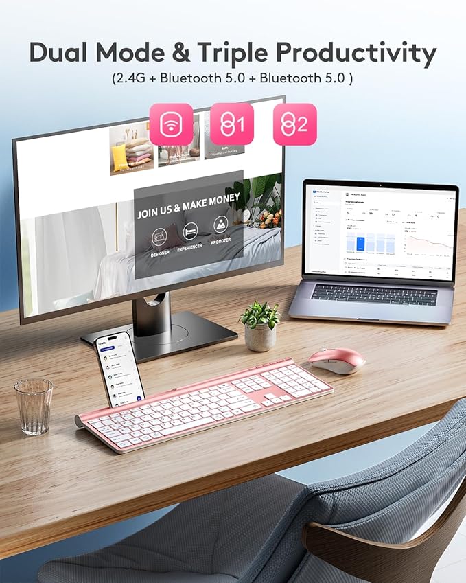 Samsers Wireless Keyboard and Mouse Combo Ultra Slim Rechargeable Dual-Mode (Bluetooth 5.0x2 +2.4G) Silent Keyboard and Mouse Set, Multi-Device Full-Size Design for MacOS/iOS/Android/Windows - Pink