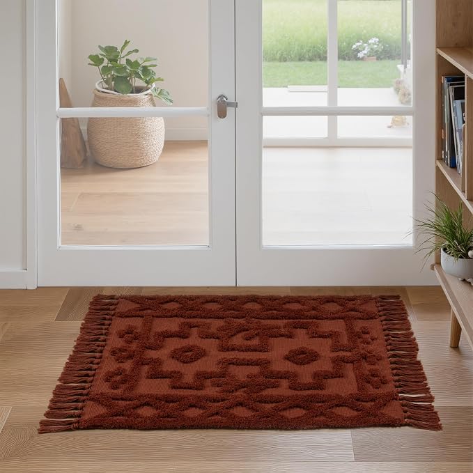 Uphome Boho Bathroom Rug 2' x 3', Washable Small Farmhouse Bedroom Rugs, Terracotta Geometric Bath Mats for Home Decor, Cotton Woven Moroccan Tufted Throw Rug for Entryway Front Door Kitchen