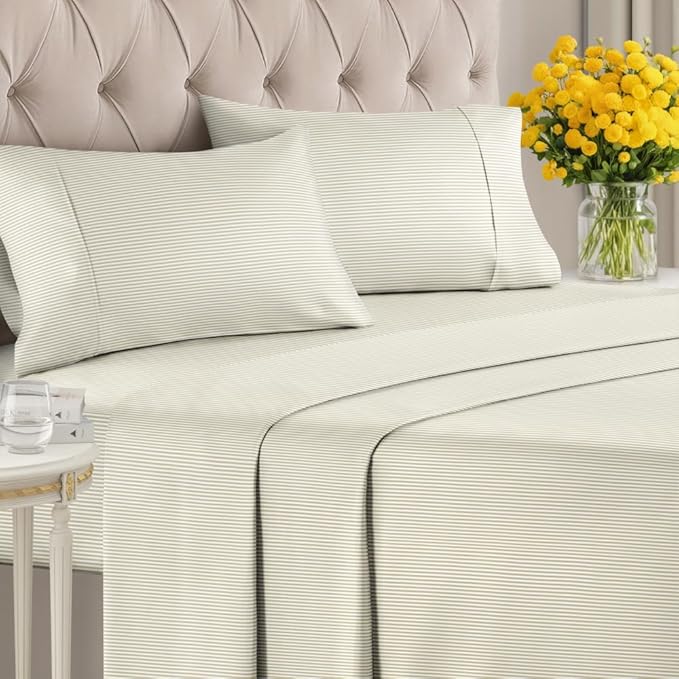 Biege Striped Sheets - Cream Bed Sheet Set - 1 Flat & 1 Fitted & 2 Pillowcases w/ Deep Pockets - Cozy, Wrinkle & Fade Resistant - Soft, Breathable, Cooling - Luxury Pinstripe Bedding - Full Size