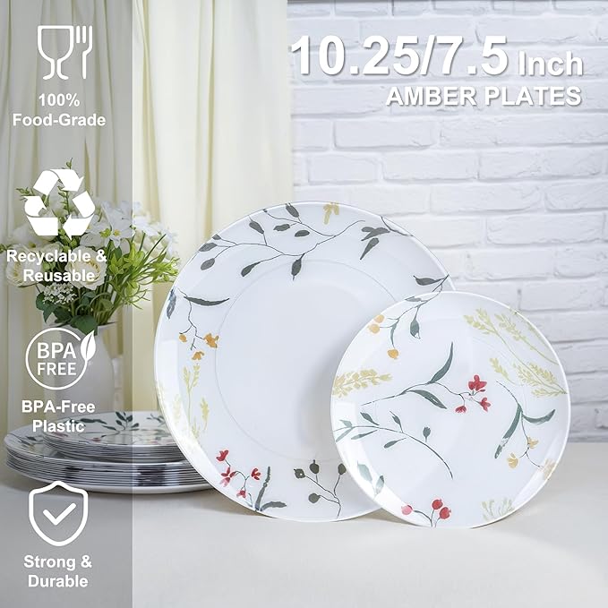 U-QE 50Pcs Wildflower Plastic Plates - Spring Floral Plates Disposable Heavy Duty, Fancy Floral Pattern Perfect for Weddings, Tea Parties, Holidays - 10.25" Dinner Plate & 7.5" Dessert Plate