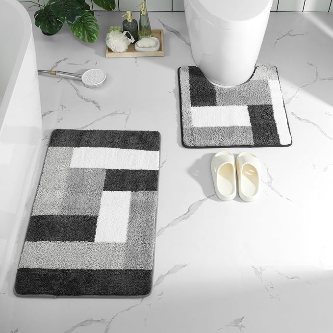 U Shape Checkered Bath Mat - Super Absorbent, Soft and Thick, Rubber Backing Non-Slip, Machine Washable Shower Rug, Bath Mat, Bathroom Home Decor Accessories, 20"x22" (50x55cm), Black
