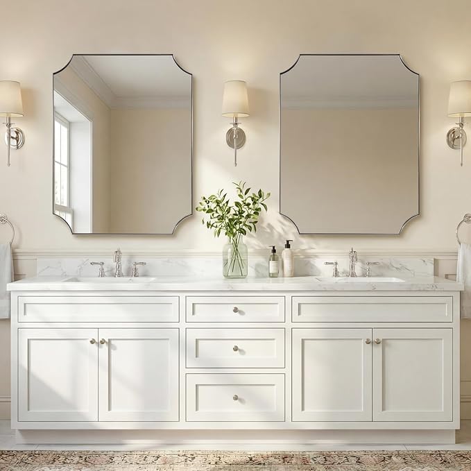 ANDY STAR Brushed Nickel Mirror 28"x36", Scalloped Bathroom Mirror, Modern Silver Framed Mirror in Anti-Rust Stainless Steel Metal Thin Frame Deep 1", Wall Mount Vertical or Horizontal