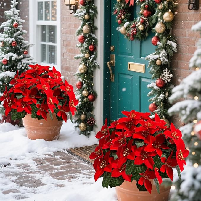 8 Pack 5 Heads Christmas Artificial Poinsettia Flowers Faux Poinsettia Bush Bouquets Silk Poinsettia Christmas Tree Ornaments Poinsettia Flower Arrangement for Home Decor