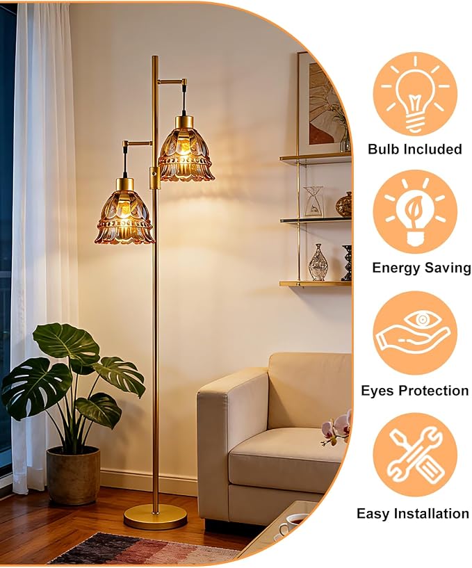 Lightdot 65IN Glass Floor Lamp for Living Room, 2- Light Gold Flower Floor Lamps with Amber Glass Lampshade, 3000K Warm White Modern Standing Tall Lamp with 5Lbs Heavy Base for Bedroom Corner