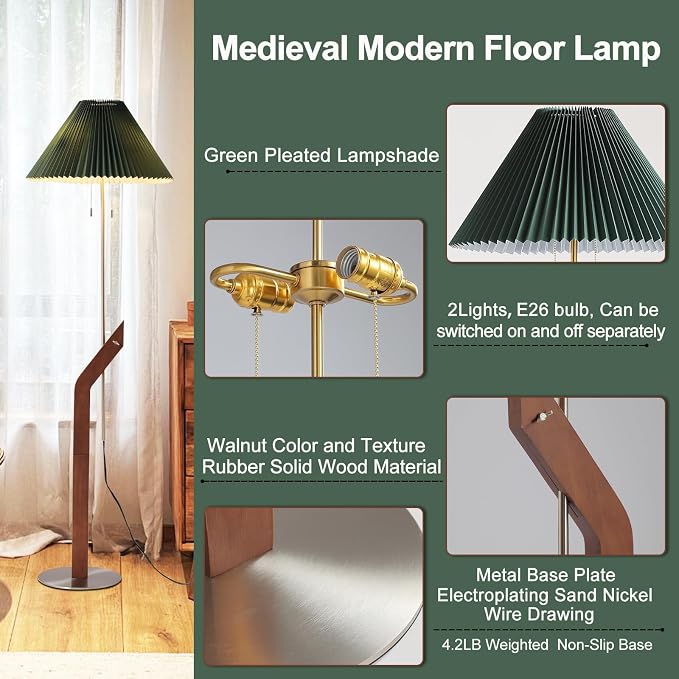 Mid Century Modern Wood Floor Lamp, Green Pleated Lampshade | Height Adjustable, Living Room, Study Room, Bedroom, Office,Sand Nickel,Tall Standing Dual Lamp Heads