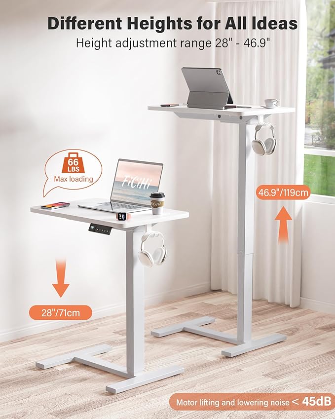 FiCiHi Small Electric Standing Desk - Adjustable Height Bedside Laptop Table with Wheels, Mobile, Portable Rolling Computer Workstation Sit Stand Table for Home Office, Sofa, Couch Use (24x16, White)