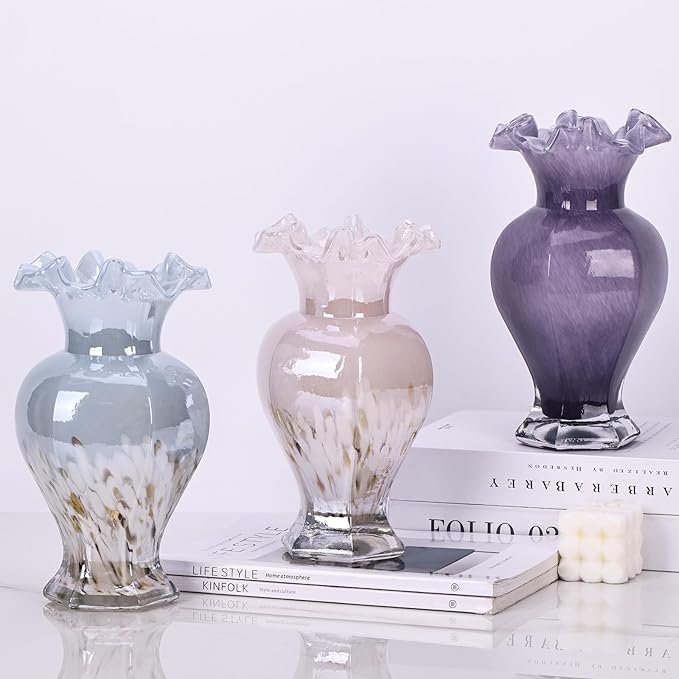 9.5" Tall Blue Glass Vase Beautiful Hand Blown Glass Decor Flowers Vases for Centerpieces, Modern Murano Glass Art Colorful Blue and White Vase, for Home Decor Table Entryway Wedding Decoration