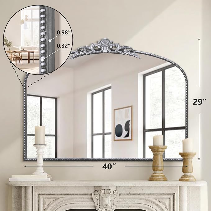 Micasso Large Vintage Silver Mirror: 40"x29" French Baroque Antique Arched Mirror - Traditional Ornate Decorative for Wall/Fireplace/Mantel/Entryway/Bathroom/Hallway - Home Decor for Living Room