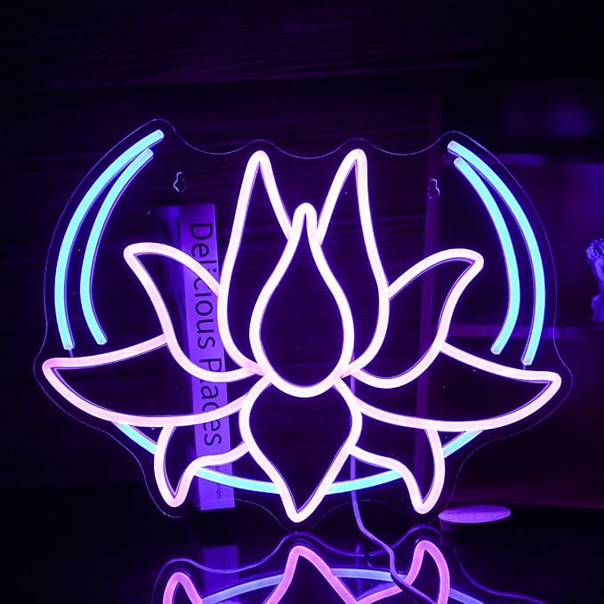 Moon Lotus Flower Neon Sign Dimmable Blue Moon Neon Light Sign for Wall Decor USB Power Purple Lotus Led Light Up Sign for Bedroom Yoga Room Game Room Man Cave