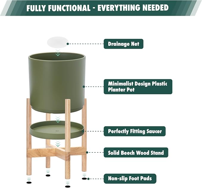 D'vine Dev Planter Pot with Stand - 16 Inch Plastic Cylinder Flower Pot with Wood Planter Holder for Indoor, Olive Pot + Natural Stand, 55-C-Y-3