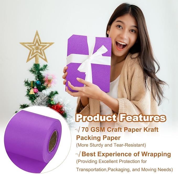 PATIKIL Wrapping Paper, 15" x 600"(49') 70 GSM Craft Paper Roll Kraft Packing Paper for Poster Bulletin Board, Gift Wrapping, Dark Purple