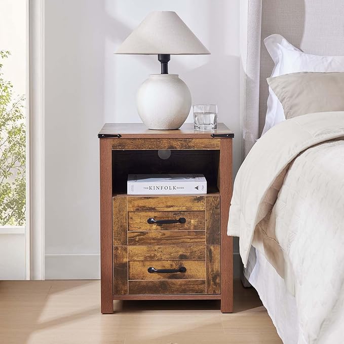 Farmhouse Night Stand Set of 2, Rustic Brown Nightstand for Bedroom, End Tables Without Charging Station, Bedside Table with Drawers, Wood Bedside Cabinet Dresser