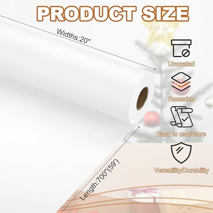 PATIKIL Wrapping Paper, 20" x 700"(59') 70 GSM Craft Paper Roll Kraft Packing Paper for Poster Bulletin Board, Gift Wrapping, White
