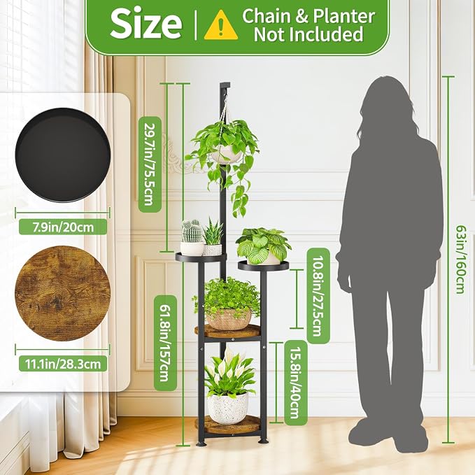 KMOTASUO Black 4 Tier Plant Stand Indoor with Hanging Ring, Tall Large Heavy Duty Metal and Wood Vertical Rack for Multiple Planter, Sturdy Rustic Corner Flower Shelf Holder Organizer for House Patio