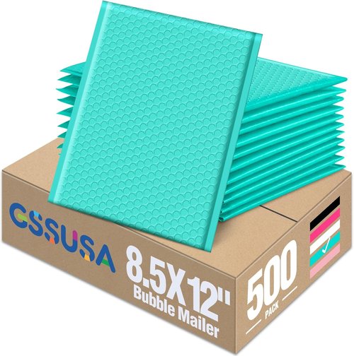 GSSUSA Teal Bubble Mailers - 8.5x12 Inches | 500 Pack of Padded Poly Envelopes for Secure Shipping