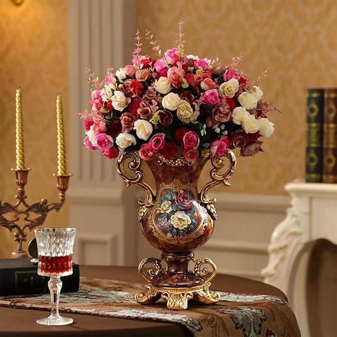 Artificial Vintage Decor Vase -European Golden Resin Vase Vintage Vases for Artificial Flowers Dining Room Table Decor Wedding Party