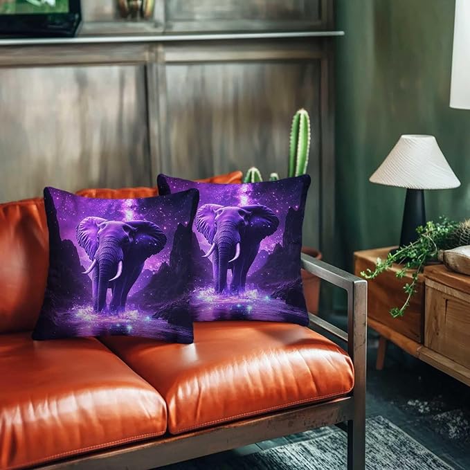 Elephant Throw Pillow Covers 18x18 Set of 2 | Wild Animal Decorative Cushion Covers | Purple Print Pillow Cases for Sofa and Bed Room | Jungle Themed Home Decor
