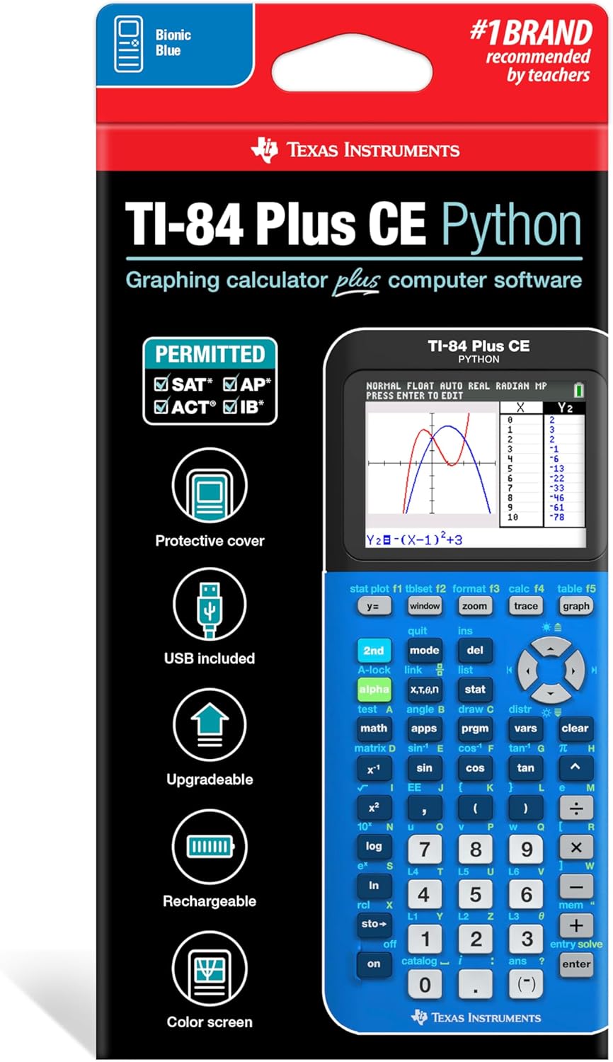 Texas Instruments TI-84 Plus CE Color Graphing Calculator - Bionic Blue, Compact & Powerful