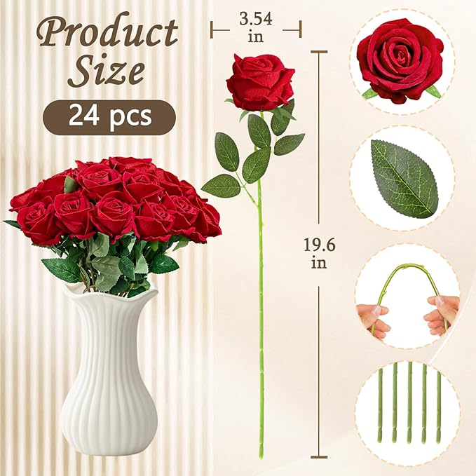 22 Pcs Artificial Roses - Realistic Velvet Flowers with Stems, Bulk Faux Roses for Home Wedding Party Decor (red)