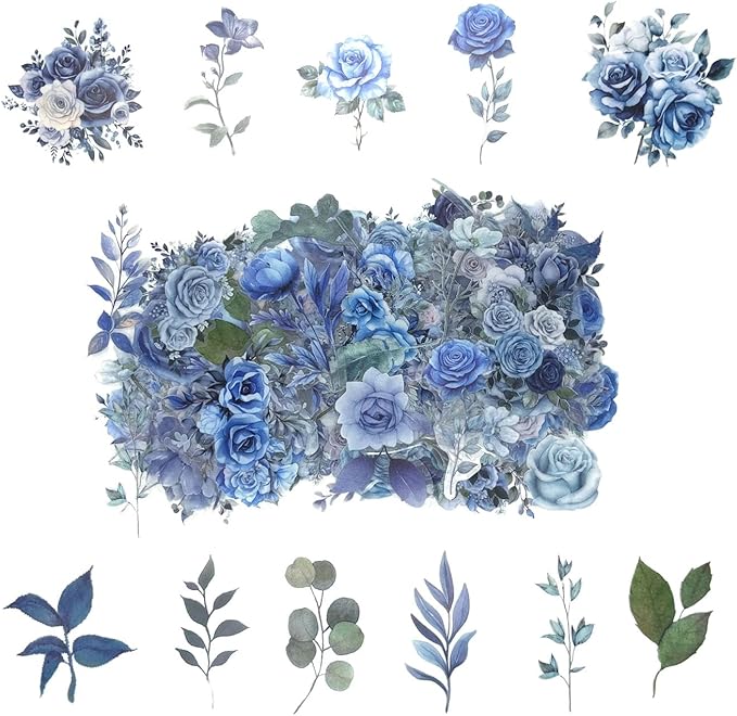 Obujopal 100 Pcs Blue Flower Stickers, Wildflower Stickers for Scrapbooking Junk Journal Card Making Collage Notebook Diary Planner Letter Envelope Water Bottle Phone Case Craft Decoration (Blue)