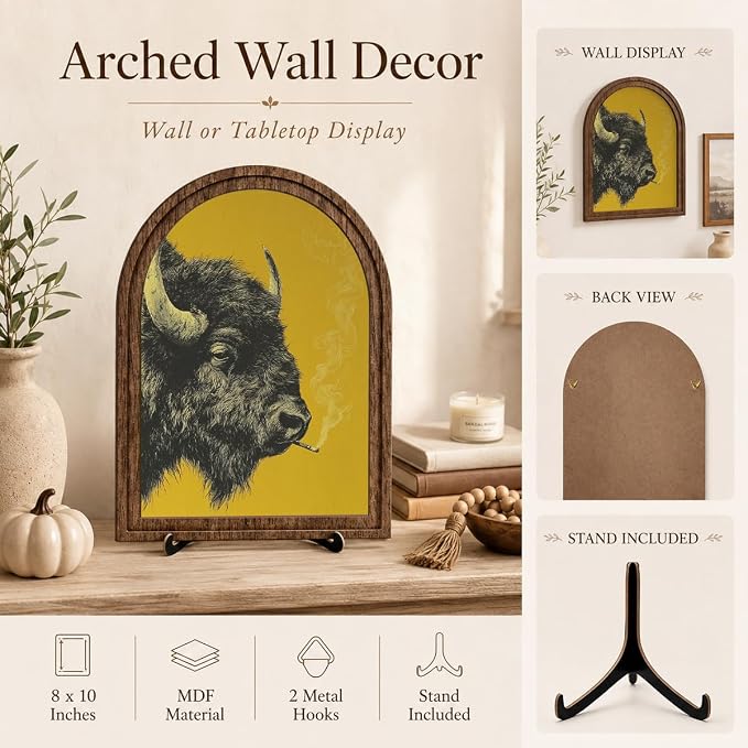 Rustic Home Wooden Frame Decor, Retro Whimsical Smoking Bison Framed Decor, Arched Wooden Frame with Stand, Vintage Buffalo Art Print, Funny Tabletop & Wall Accent for Living Room, Bedroom
