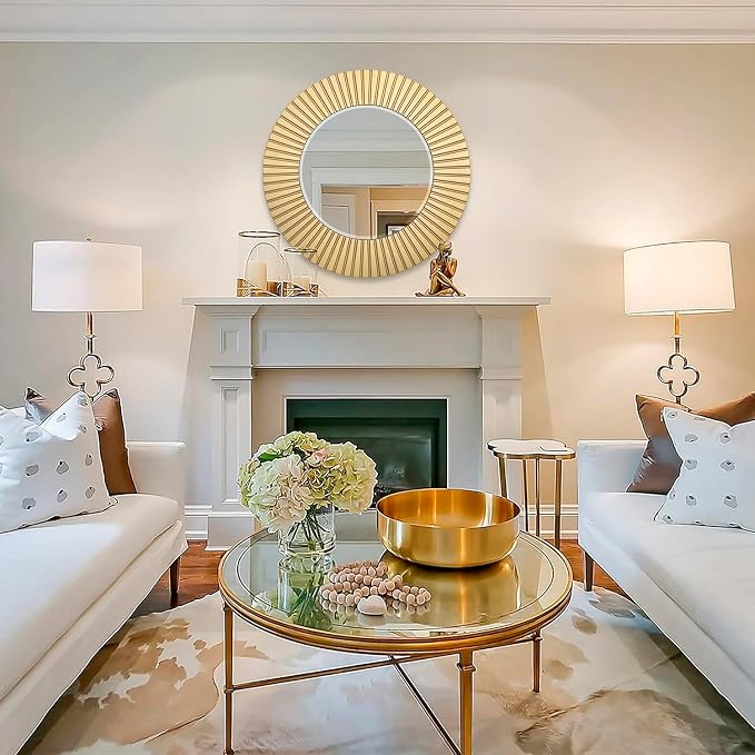 Chende Gold Mirror for Wall Decor, 30'' X 30'' Round Decorative Wall Mirror with Wood Frame, Elegant Accent Mirror for Living Room, Entryway, Bathroom