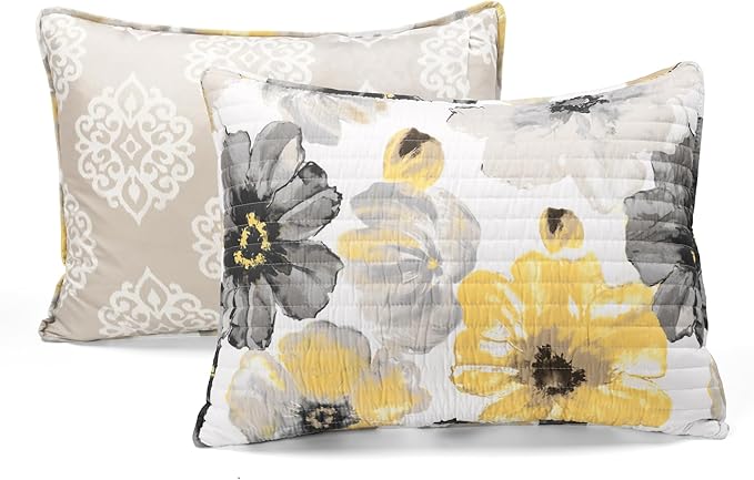 Lush Decor Leah Reversible Floral Quilt Set, 8 Piece Set, Full/ Queen, Yellow & Gray - Charming Floral Bedding Set With Pillow Cases, Decorative Throw Pillows & Bed Skirt- Large Watercolor Flowers