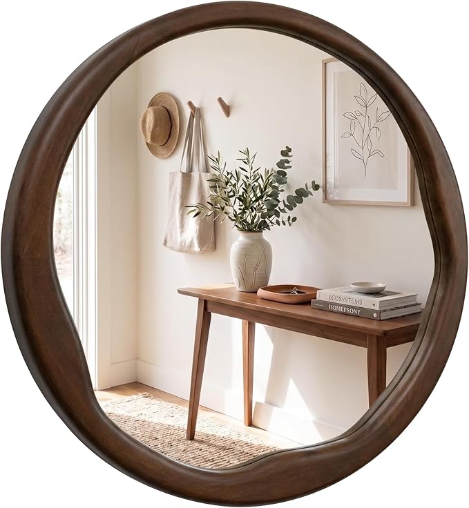 Dark Walnut Round Wall Mirror 24 Inch, Solid Wood Framed Mirror with Asymmetrical Wavy Inner Edge for Entryway, Organic Decor for Hallway & Bathroom