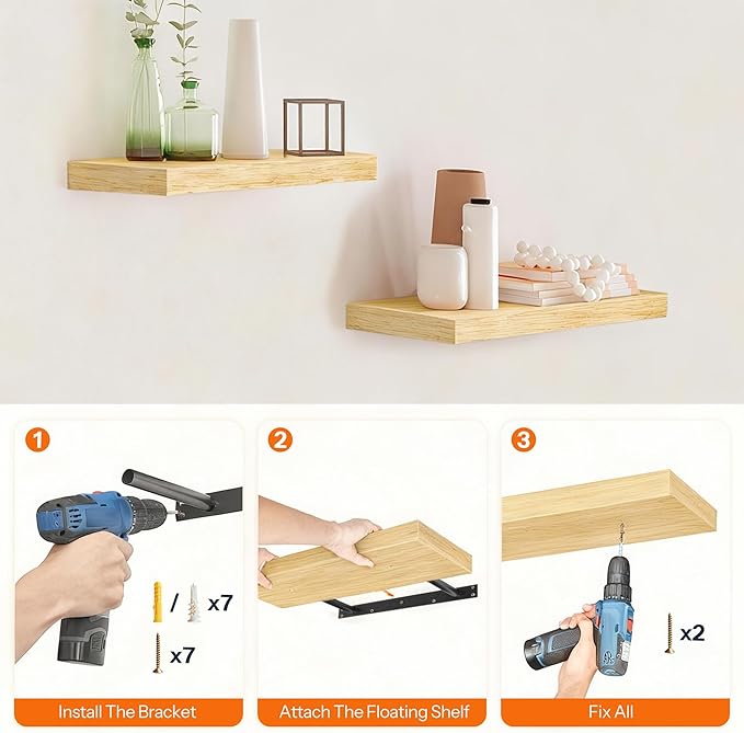 HOOBRO Floating Shelves for Wall, Wall Mounted Shelf Set of 2, 15.7" Hanging Shelf with Invisible Brackets, for Wall Decor Storage in Bathroom Bedroom Kitchen Living Room Office, Natural NL40BJ01