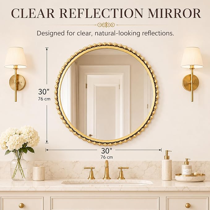 30 Inch Round Gold Bathroom Mirror – Antique Gold Beaded Frame, Large Vintage Decorative Wall Mounted Mirror for Vanity, Bedroom, Living Room, Entryway, 30" Round Gold Accent Mirror