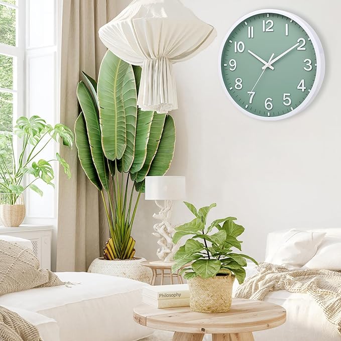 Wall Clocks Battery Operated 8 inch Modern Wall Clock,Silent Non Ticking Wall Clock for Living Room Bedroom Kitchen Office Classroom Decor (Green White)