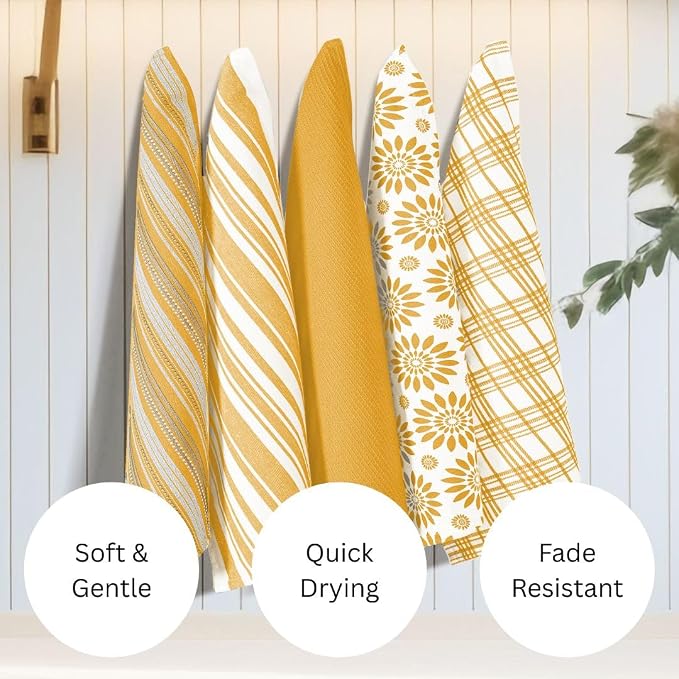 WeWove Assorted Kitchen Towels Set of 5 - 100% Cotton Dish Cloths Towels with Hanging Loop - Soft Absorbent Washable Reusable for Kitchen Use - Quick Drying 16x26 inch Dish Towels Mustard Yellow