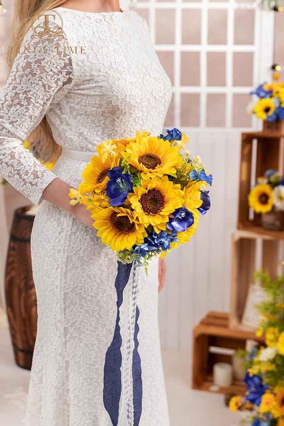 TINGE TIME 9 inch Bridal Bouquets for Bride, Artificial Silk Flowers Tossing Bouquet, Bride Bouquets for Wedding, Ceremony, Anniversary (Sunflower&RoyalBlue)