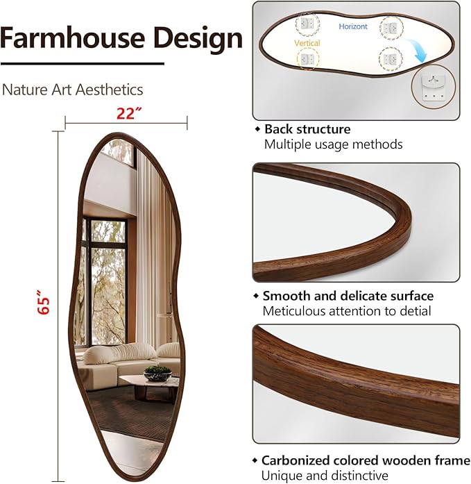 Irregular Full Length Mirror, 65"x22" Wooden Farmhouse Full Body Mirror, Large Asymmetrical Wall Mirrors for Living Room Entryway, Horizontal/Vertical, Walnut