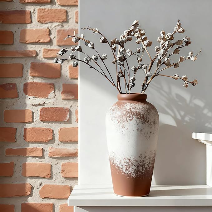 Large Ceramic Vase, 11 inch Minimalist Vase for Home Decor, Handmade Farmhouse Flower Vase for Table Centerpiece, Wedding, Living Room, Kitchen Decoration, Shelf Decor (Rust)