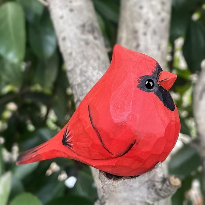Hand Carved Painted Bird Statues - Wooden Cardinals for Home Decor, Housewarming, Birthday, Christmas