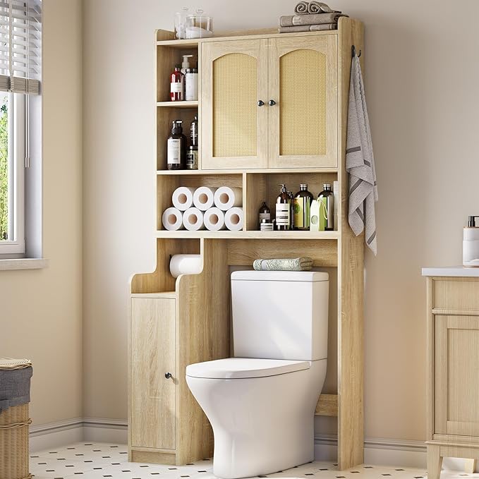 Itaar Over The Toilet Storage Cabinet, Farmhouse Rattan Bathroom Cabinet, Over Toilet Bathroom Organizer with Rattan Barn Doors & Toilet Paper Holder Stand, for Restroom, Laundry, Rattan Oak