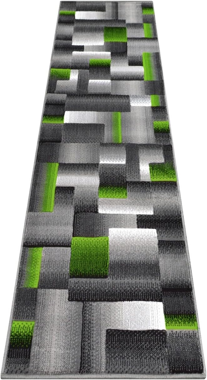 HR 2’ x 7’ Runner in Electric Green - Premium Quality Green/Black/Gray Abstract Geometric Modern Squares Pattern Area Rug - Contemporary Styling for Living Room, Bedroom - Unique Home Décor
